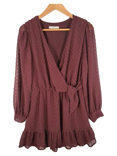 Pigalle Damen Wickelkleid Bordeaux Lila Punkte Rüschen Gr. M