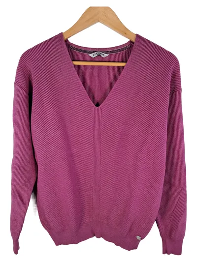 Zabaione Damen Strickpullover V-Ausschnitt Gr. S Pink Rippstrick