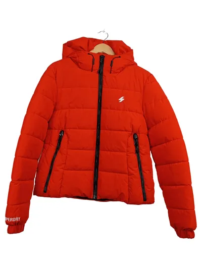 Superdry Steppjacke Damen Gr. 42 XL Rot Kapuze Outdoor Puffer