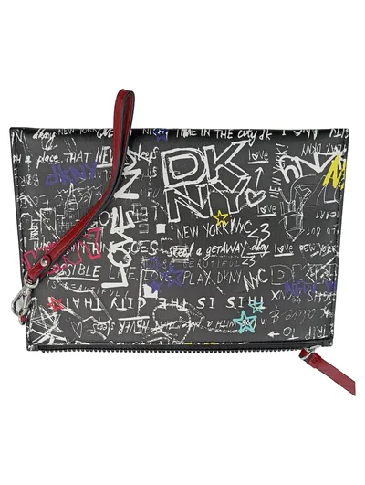 DKNY Graffiti Clutch Tasche Leder Damen Schwarz Mittel 17x25cm