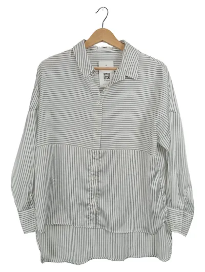 MANGO Hemdbluse Damen XS Weiß Gestreift Langarm Casual Bluse