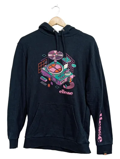 ellesse Hoodie Herren Kapuzenpullover Schwarz Grafik Print Größe S