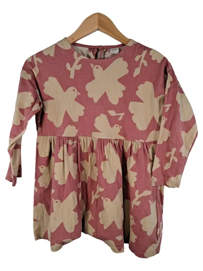 Lindex Kids Kleid Gr. 128 Rosa Vogelmuster Langarm Mädchen