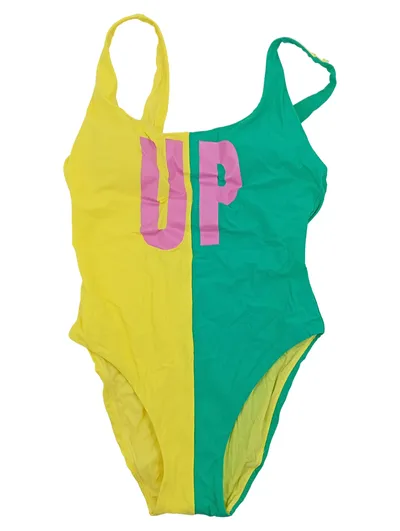 Banana Moon Badeanzug Damen XL Gelb Grün Colorblock Schriftzug Neu