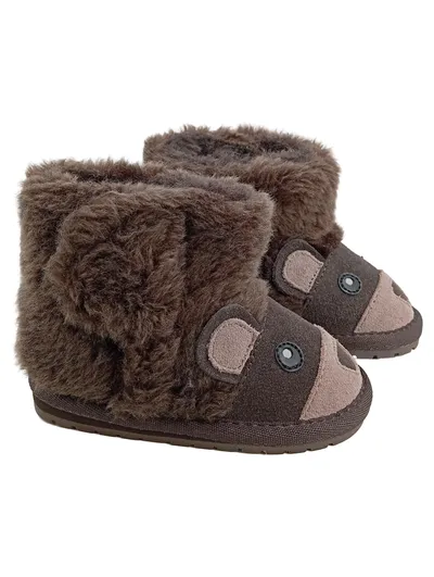 EMU Australia Baby Hausschuhe Bärenmotiv Kunstfell Braun 6-12 Monate