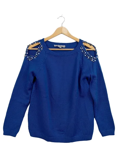 Ashley Brooke Damen Pullover Gr. 40 Blau Perlenbesatz Schultern Strick