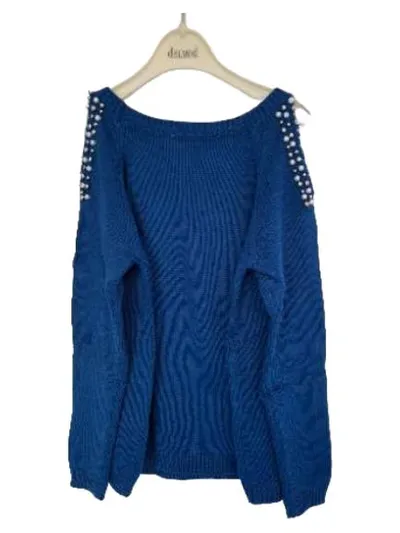 Ashley Brooke Damen Pullover Gr. 40 Blau Perlenbesatz Schultern Strick