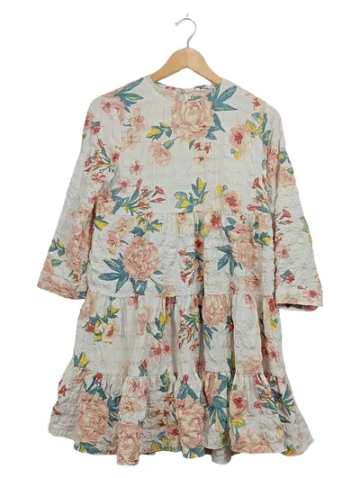 ZARA Sommerkleid Blumenmuster Rüschen Langarm Beige Gr. XS 34