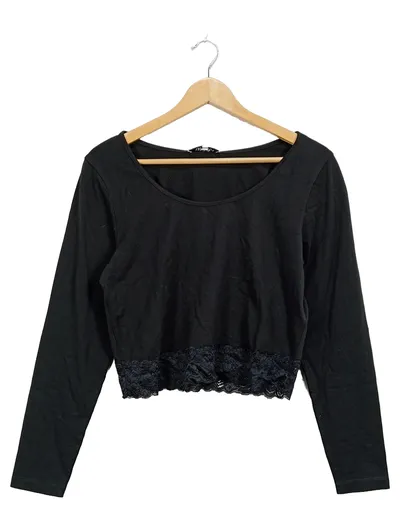 ABOUT YOU Damen Langarmshirt Crop Top Spitze Schwarz Gr. 44 XXL