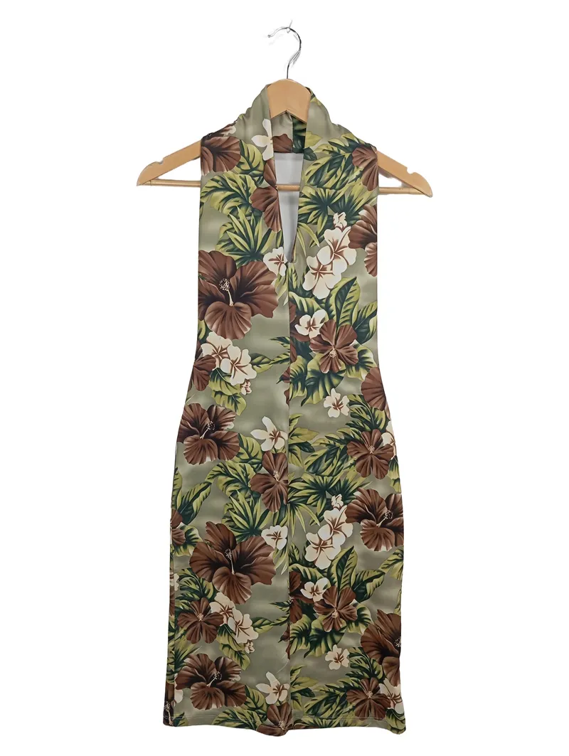 FashionTV Damen Sommerkleid Gr. 34 Tropisches Blumenmuster Grün Braun 1