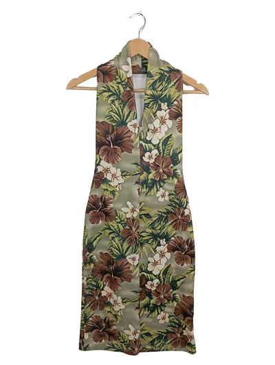 FashionTV Damen Sommerkleid Gr. 34 Tropisches Blumenmuster Grün Braun