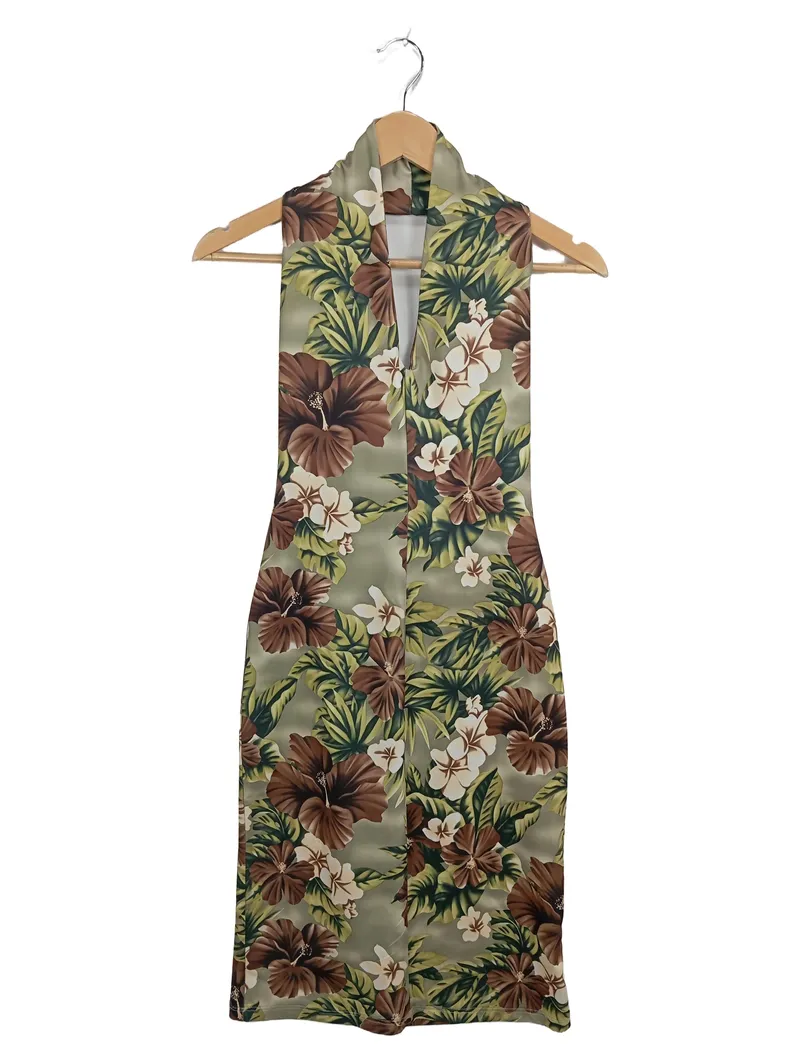 FashionTV Damen Sommerkleid Gr. 34 Tropisches Blumenmuster Grün Braun 2