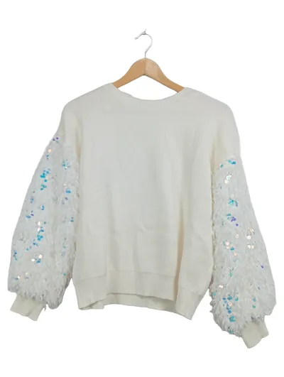 Miss H. Damen Pullover Weiß Pailletten Fellbesatz Glamourös Gr. S Festlich