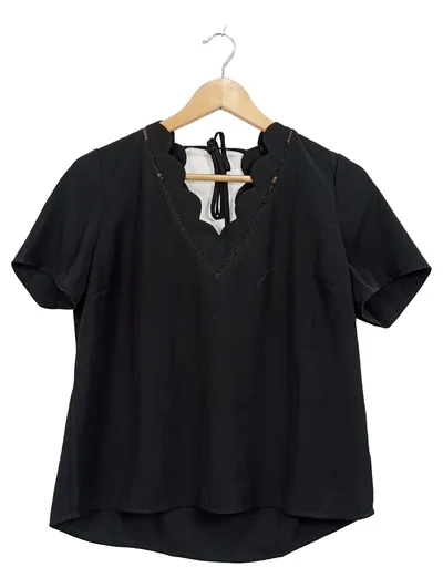 ABOUT YOU Damen Shirt Bluse Wellensaum Perlenbesatz Schwarz Gr. L