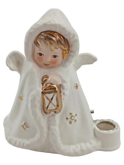 Goebel Porzellan Weihnachtsengel mit Laterne Kerzenhalter Figur weiß gold
