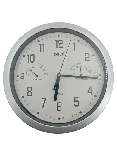 Mebus Wanduhr mit Thermometer & Hygrometer Silber Quarz 26cm CW-HT111-SL