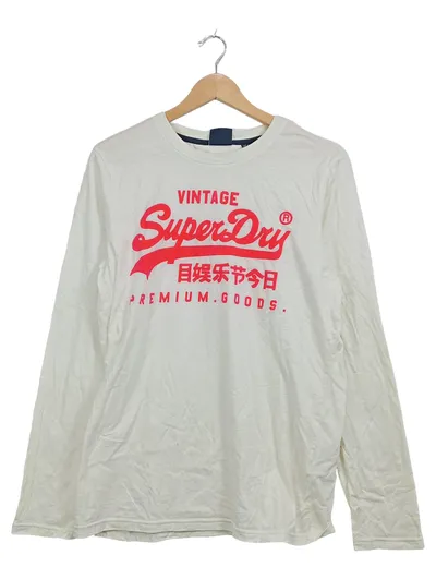Superdry Vintage Herren Langarmshirt Gr. M Weiß Logo-Print Premium