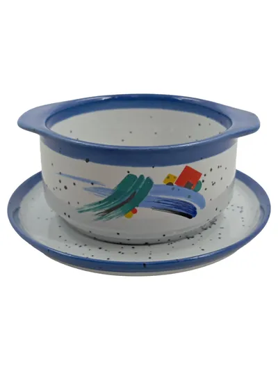 Rösler Suppenschüssel mit Unterteller Porzellan Blau Weiß Retro Tettau Germany
