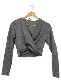 Aygill's Damen Glitzer Wickelshirt Langarm Crop Top Silber XS 1