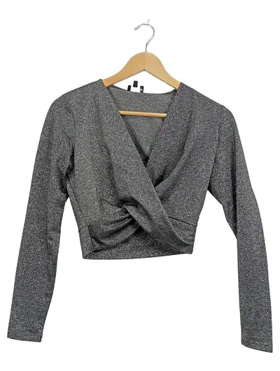Aygill's Damen Glitzer Wickelshirt Langarm Crop Top Silber XS