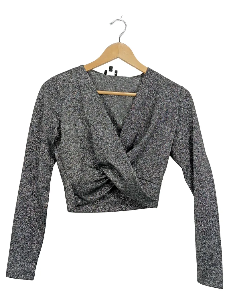 Aygill's Damen Glitzer Wickelshirt Langarm Crop Top Silber XS 1