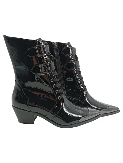 Killstar Damen Schnürstiefel Lackleder Schwarz Gr. 40 Gothic Boots Metallkappe