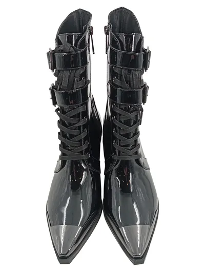Killstar Damen Schnürstiefel Lackleder Schwarz Gr. 40 Gothic Boots Metallkappe