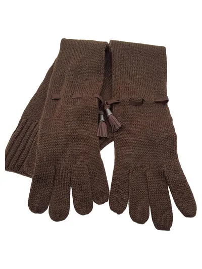 Mustang Damen Strick-Handschuhe Lang Braun Gr. 6 mit Quasten Winter