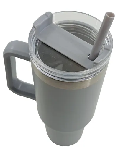Michelino Thermobecher 1,2L Classic Grau Strohhalm Griff doppelwandig