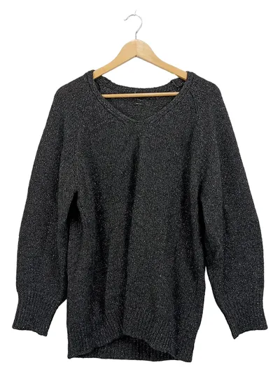 Massimo Dutti Damen Pullover V-Ausschnitt Glitzer Strick Gr. M Schwarz