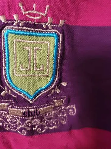 JETTE Damen Poloshirt Gr. 40 Streifen Wappen Stickerei Pink Lila