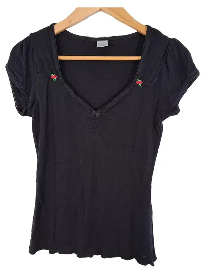 Vive Maria Damen T-Shirt Schwarz Gr. S Kirschen Stickerei Romantisch