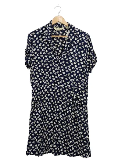 Eddie Bauer Damen Blusenkleid Gr. M Blumenmuster Navy Kurzarm Viskose