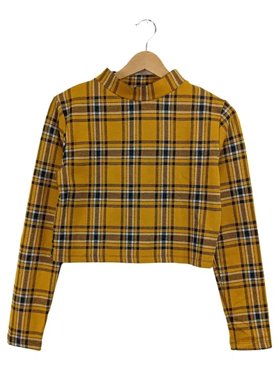 24colours Damen Crop Langarmshirt Kariert Gelb Gr. M Retro