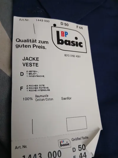 BP Basic Arbeitsjacke Herren Gr. 50 Blau 100% Baumwolle Berufskleidung