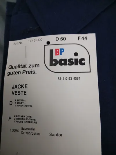 BP Basic Arbeitsjacke Herren Gr. 50 Blau 100% Baumwolle Sanfor NEU