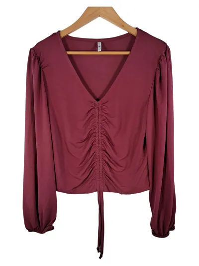Holly's Damen Langarmshirt Raffung V-Ausschnitt Schnürung Bordeaux Rot Gr. L