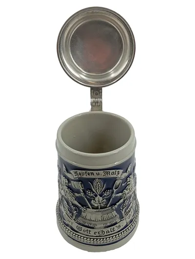 Gerz Bierkrug 0,5L Zinndeckel Relief Hopfen Malz Blau Keramik Steinkrug