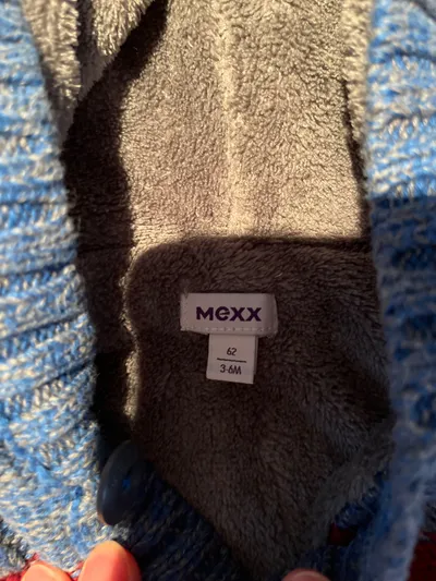 Mexx Baby Strickjacke Gr. 62 Blau Grau Rot Kapuze Knöpfe 3-6M