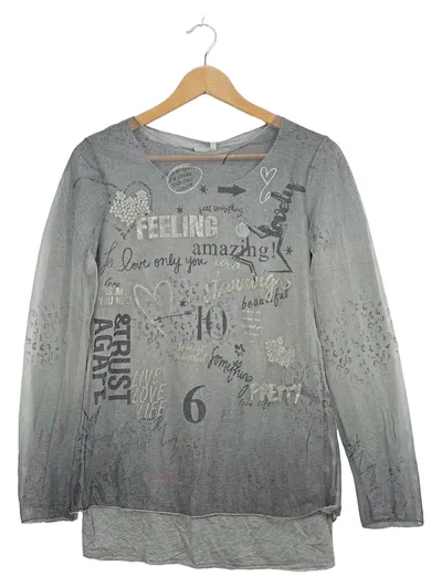 LIBERTY WOMAN Langarmshirt Damen Gr. S Grau Mesh Schriftzug Print