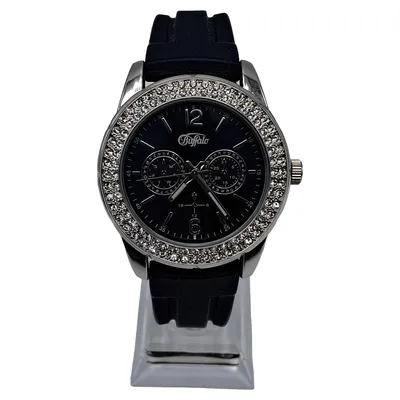 Buffalo Damenuhr Strassbesatz Schwarz Silikon Armband Chronograph-Optik