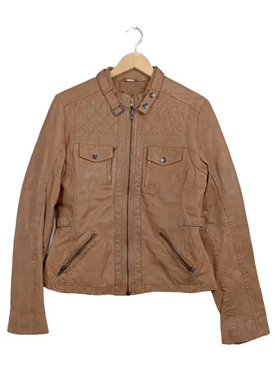 Mandarin Lederjacke Damen Gr. 38 M Braun Biker Vintage Echtleder