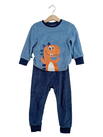 Lily & Dan Kinder Schlafanzug Dino Motiv Gr. 98 Blau Velour Jungen