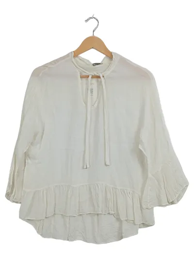 Xuna Damen Bluse Gr. L Weiß Bohemian Rüschen Viskose Seide Bindeband