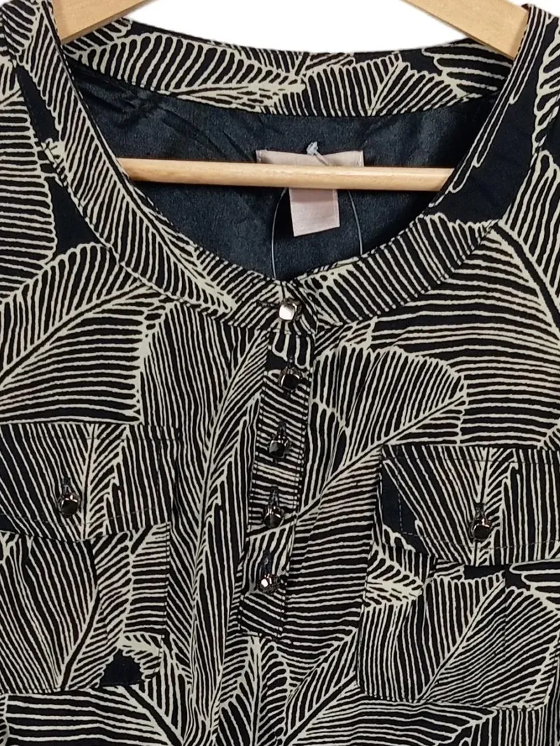 Fifty Percent Blusenkleid Damen Gr. 32 Schwarz Blättermuster Langarm 2