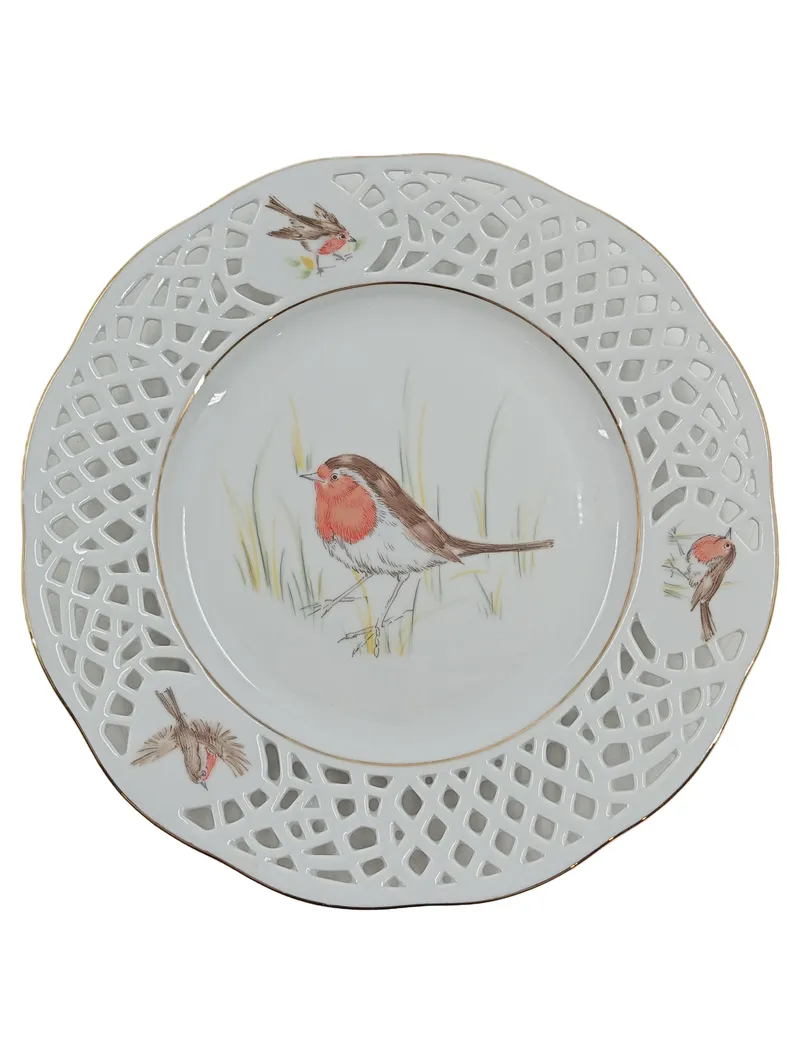 Burg Lindau Sammelteller Rotkehlchen Durchbruchrand Porzellan 19cm Dekoteller 1
