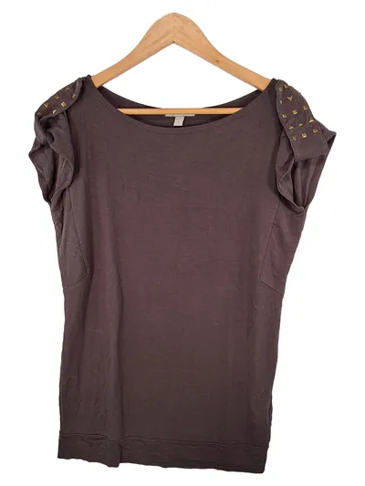Cyrillus Damen T-Shirt Braun Nieten Rüschen Gr. 14/42 Viskose
