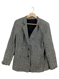 Eila Helén Damen Blazer Gr. 42 Grau Fischgrät Tweed Wolle Klassisch 1