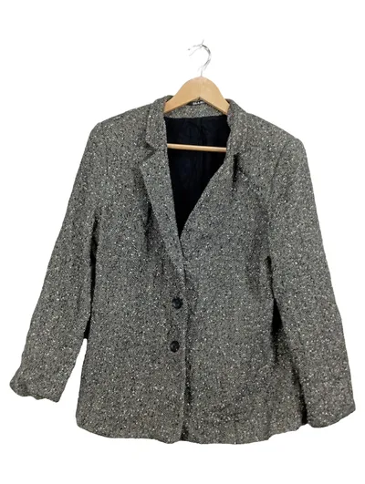 Eila Helén Damen Blazer Gr. 42 Grau Fischgrät Tweed Wolle Klassisch