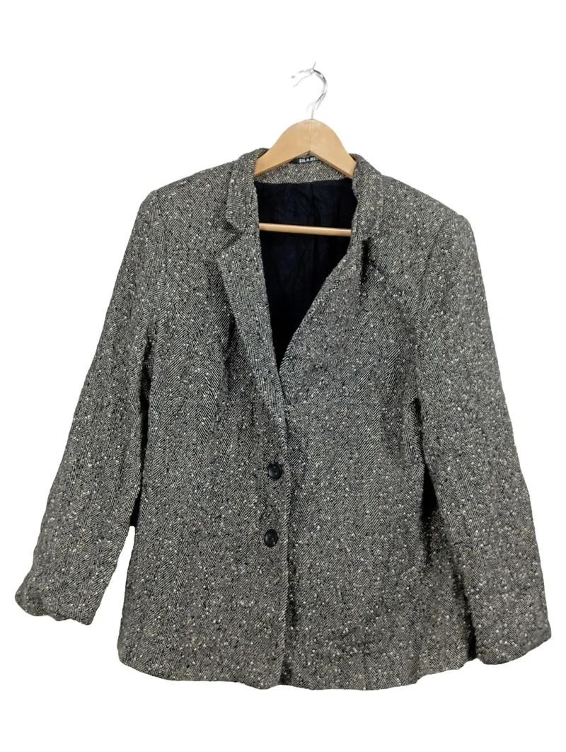 Eila Helén Damen Blazer Gr. 42 Grau Fischgrät Tweed Wolle Klassisch 1